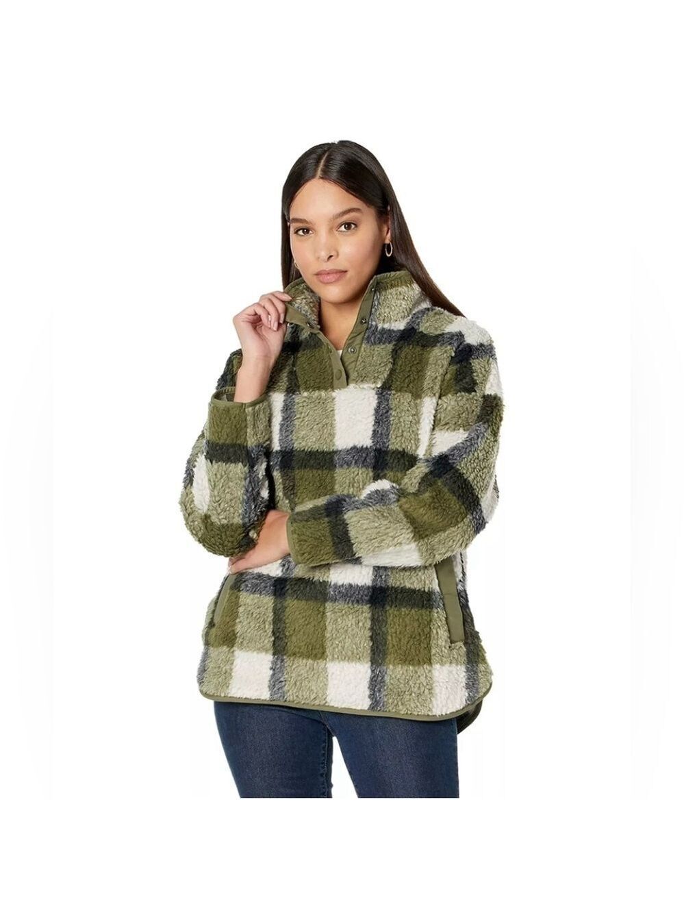 Madewell Plaid Sherpa Popover Jacket SZ S Olive Cream Black